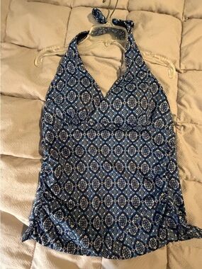 L.L. Bean Navy Blue and White Halter Tankini Top